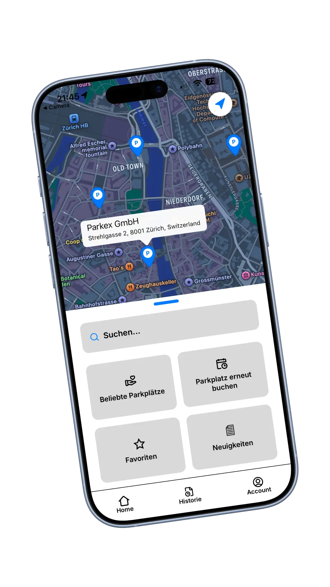 Parkex App Interface auf iPhone